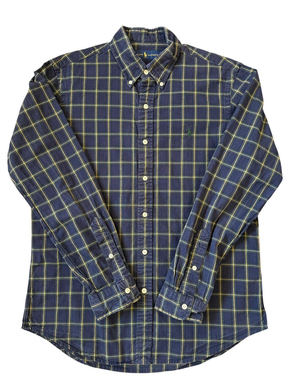Ralph Lauren Plaid Button Down Shirt Navy Yellow Pony Cotton Medium Broken In